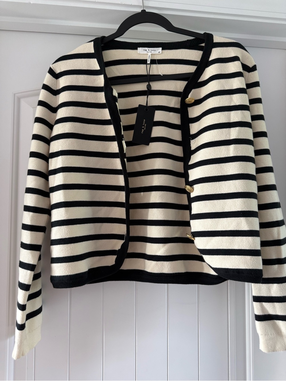 Rag & Bone Striped Button-Front Cardigan in Black & Cream - Picture 5 of 10